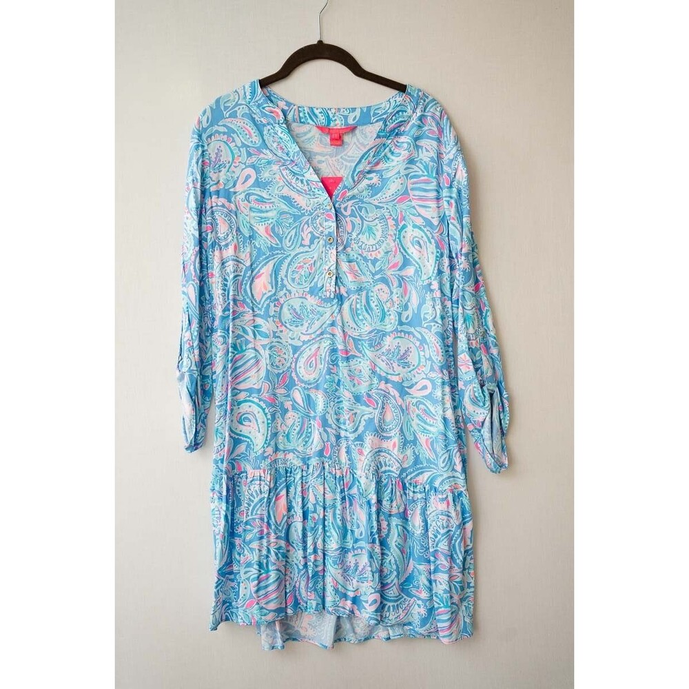 Lilly Pulitzer Charlee Tunic Dress Zanzibar Blue Fish Kiss S paisley beach vaca - Picture 2 of 7